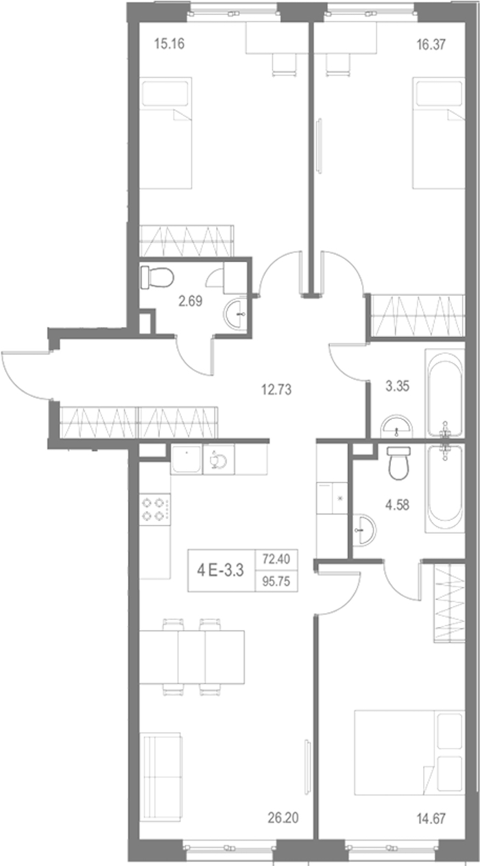 3-комнатная квартира 95.75 м², 10/17 эт., Комплекс апартаментов «Zoom на Неве»